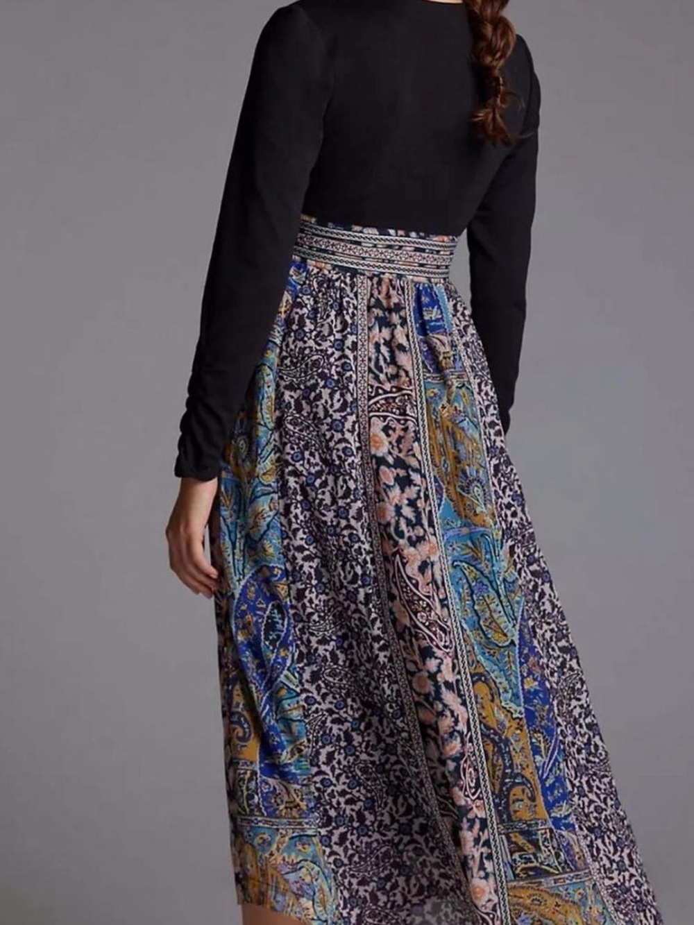 Anthropologie Black Bodice Paisley-Print Long Sleeve Boho Midi Dress - Picture 2 of 13